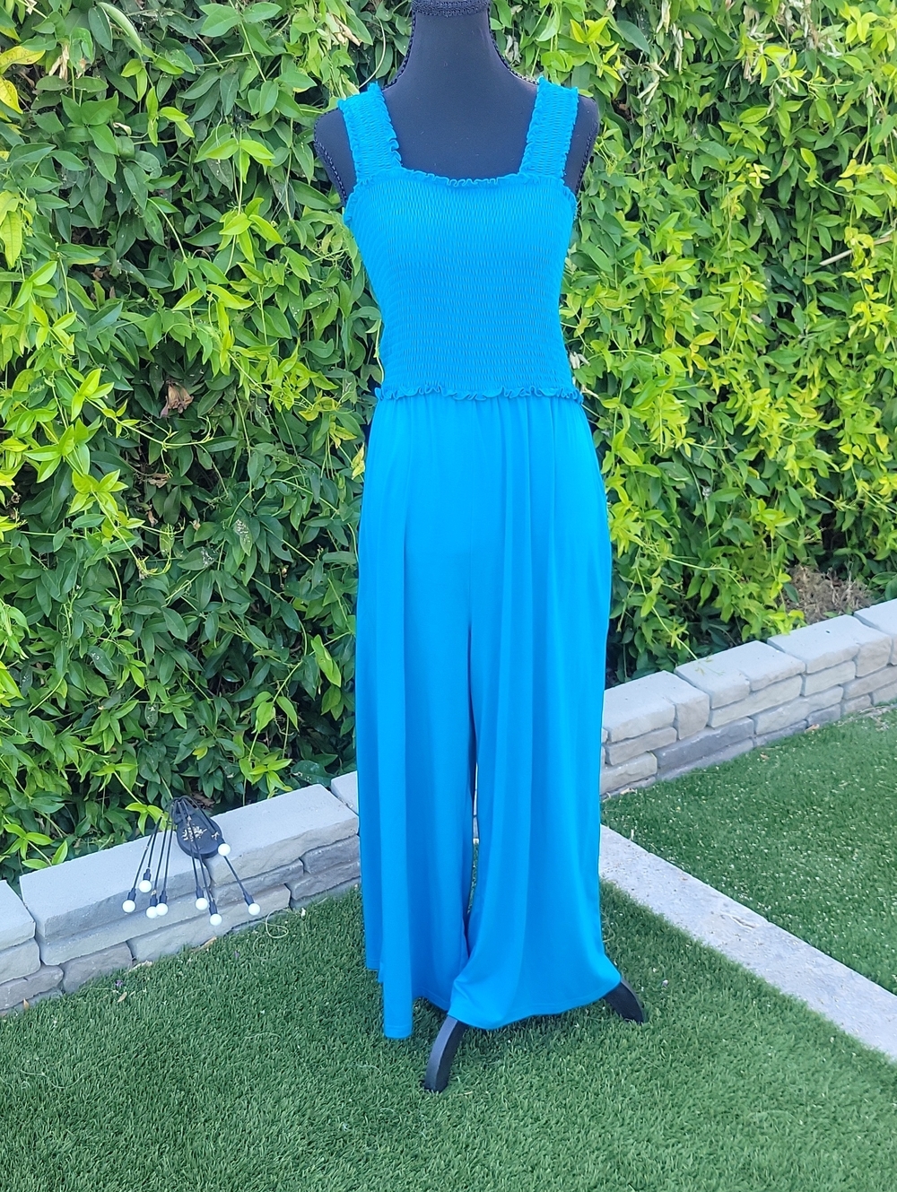 Bright Blue Smocked  Wide-Leg Jumpsuit With Pockets M